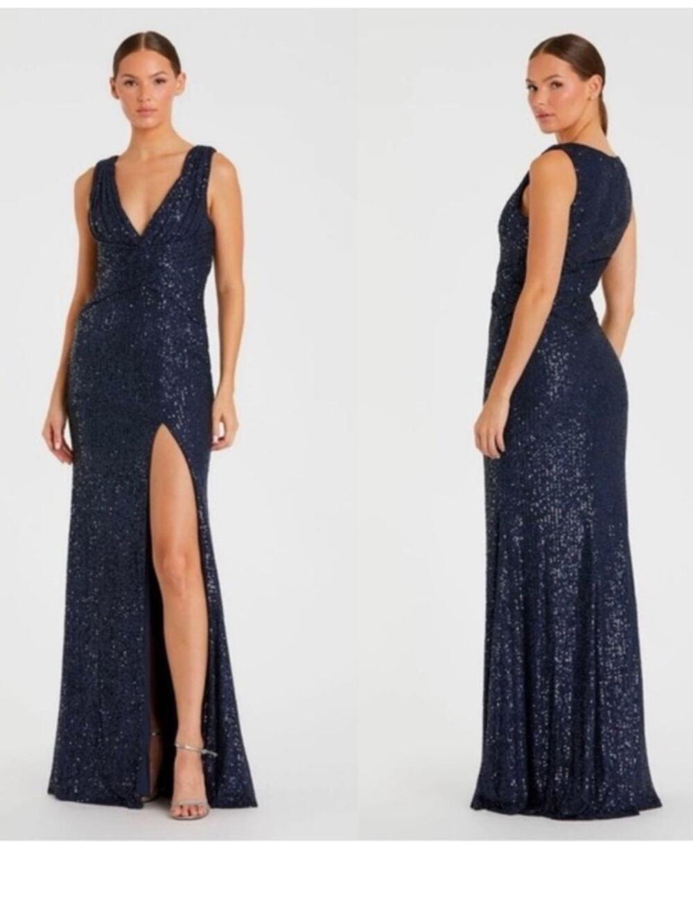 Mac Duggal 26598 Navy Sequin Plunging V-Neck Sequin Gown, NEW, Size 2, MSRP $498